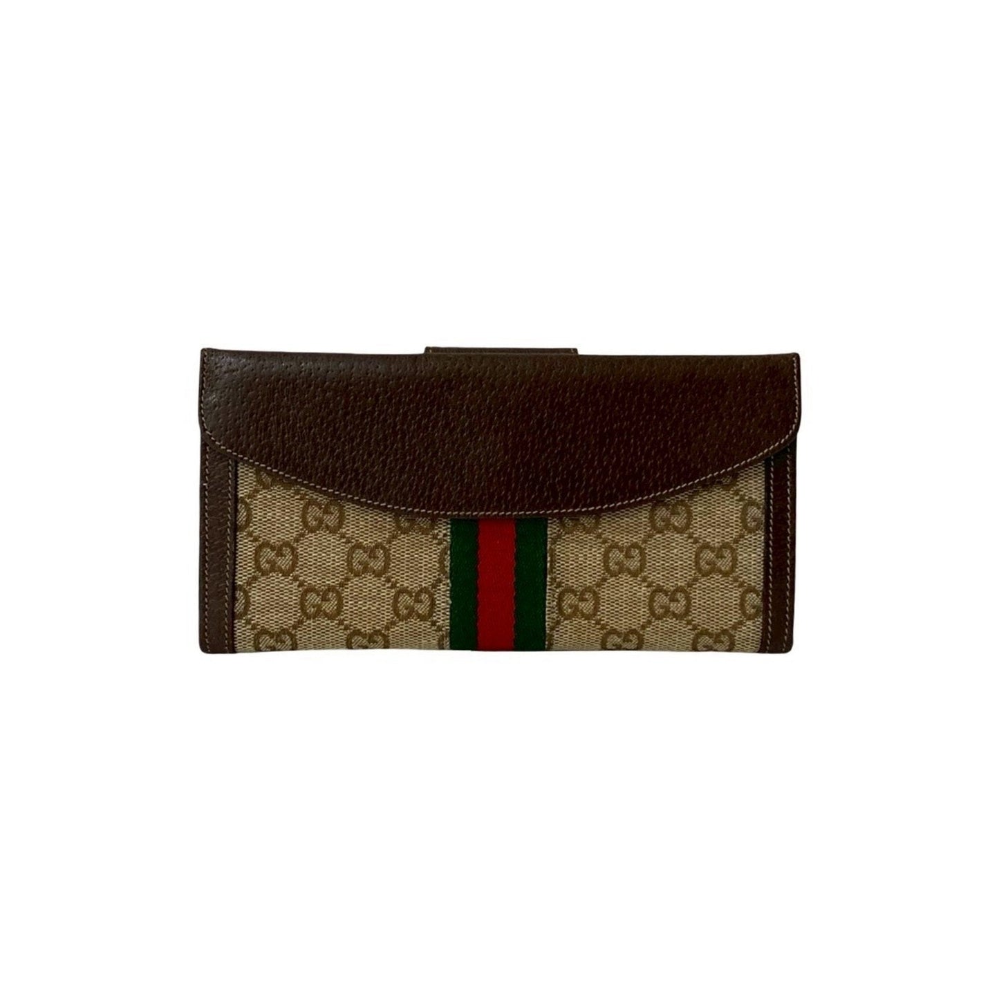 Gucci Brown Green Red Color Leather Canvas Long Wallet (Bi-Fold)