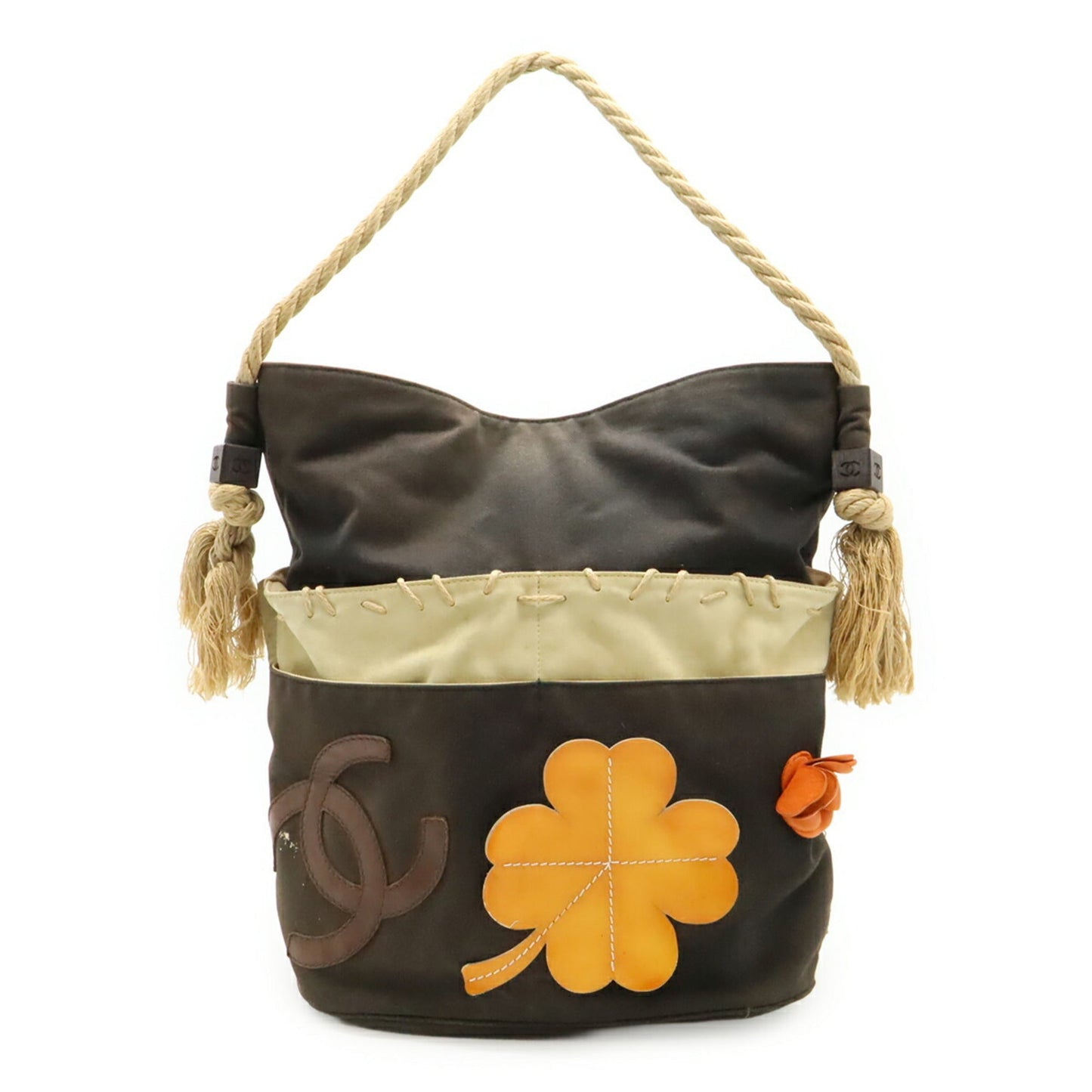 Chanel Beige Black Canvas Leather Wood Handbag Tote Bag