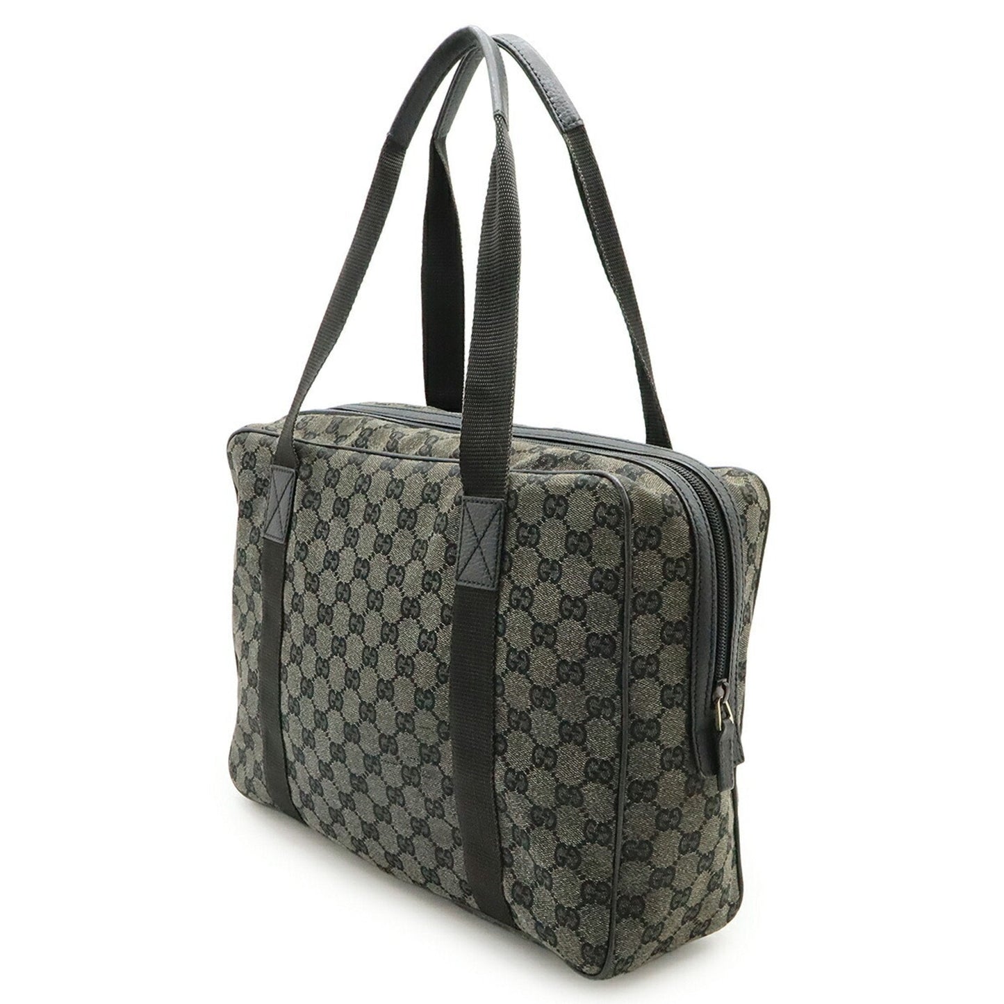 Gucci Black Dark Gray Gg Canvas Leather Shoulder Bag Tote Bag