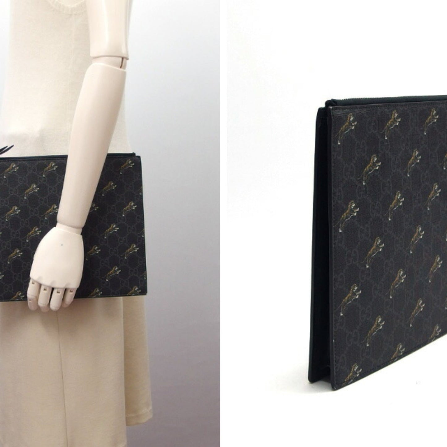 Gucci Black Charcoal Gray Yellow Coated Canvas Leather Clutch Bag Pouch