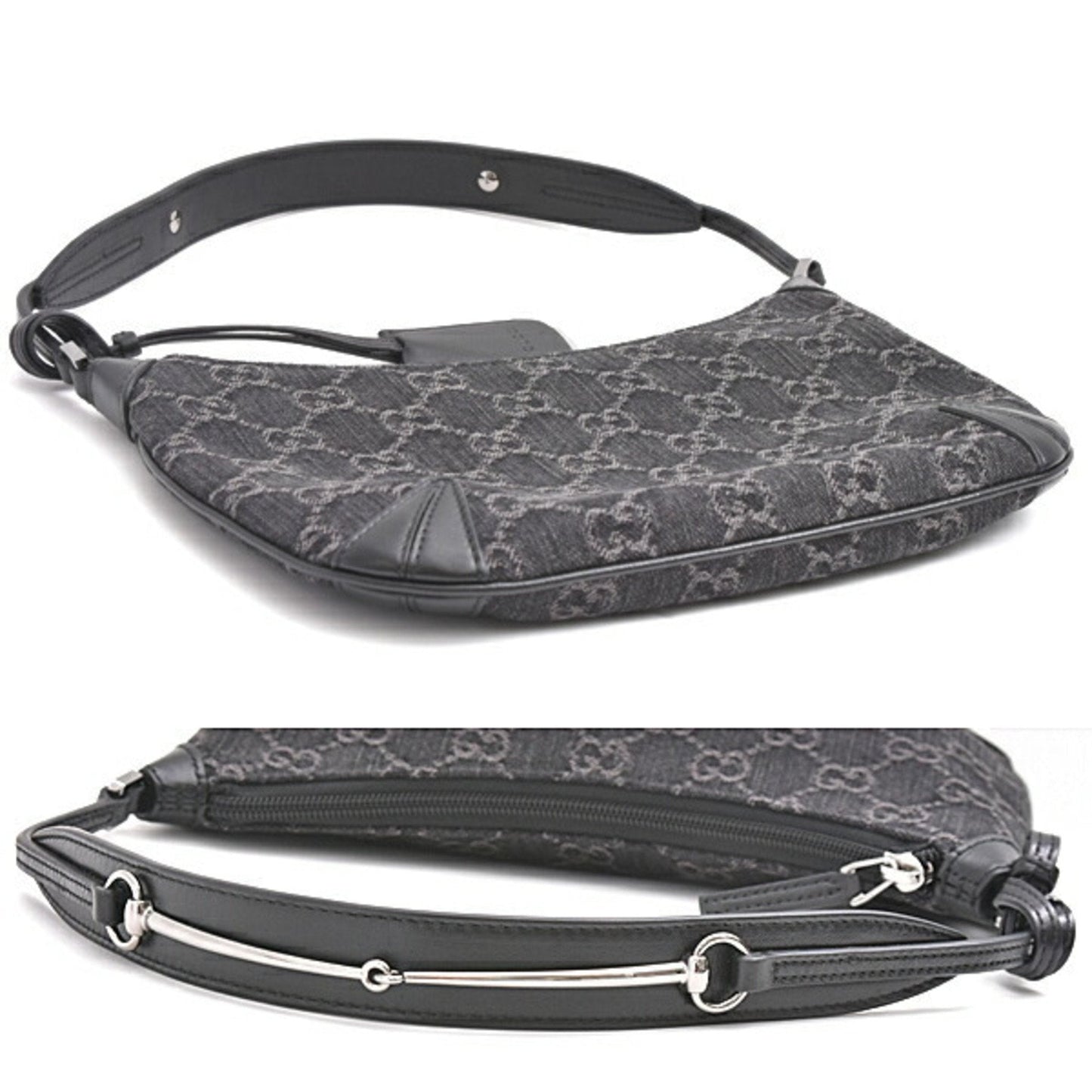 Gucci Black Gray Denim Leather Shoulder Bag
