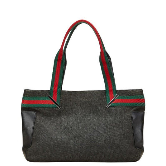 Gucci Sherry Line Black Denim Leather Handbag Tote Bag