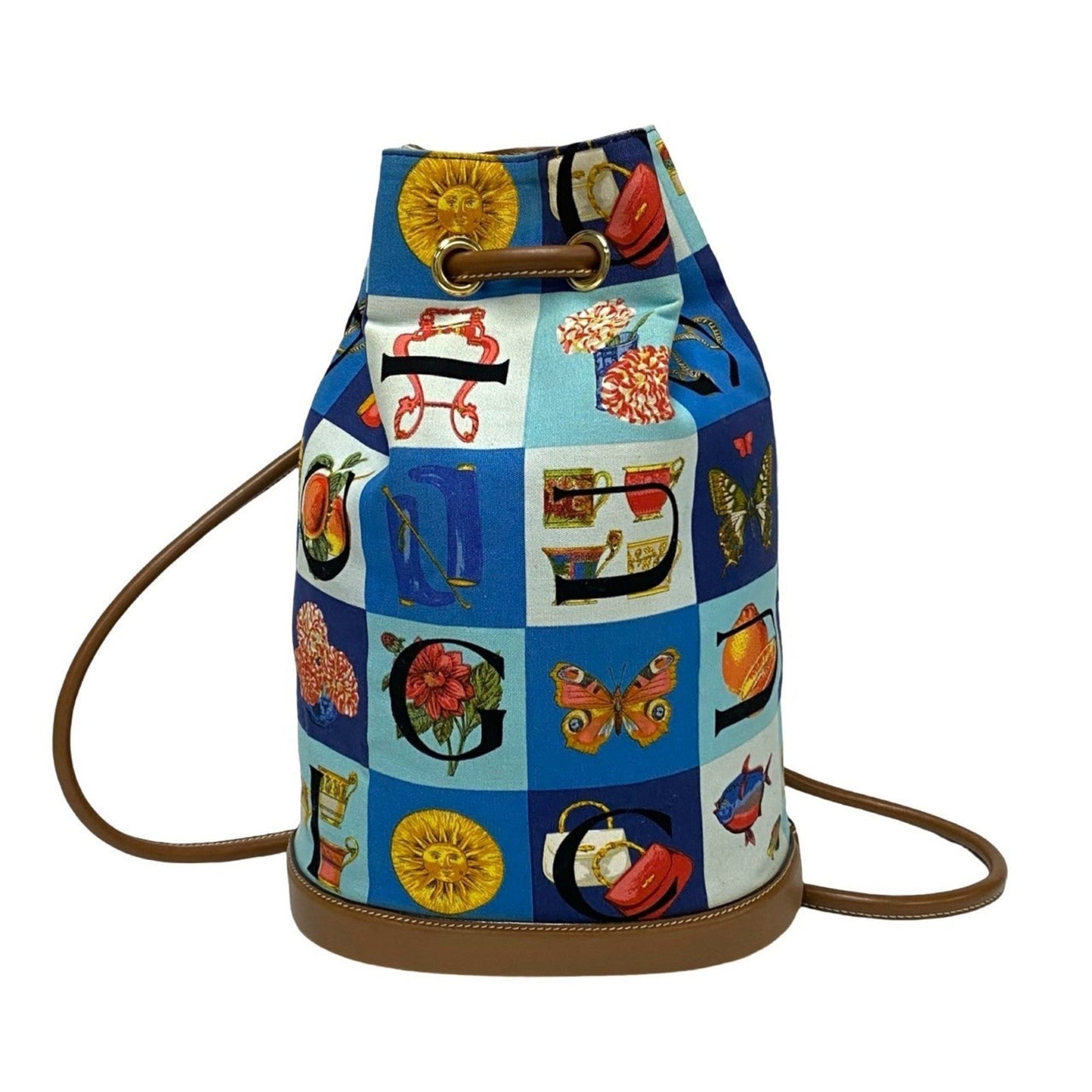 Gucci Blue Brown Leather Canvas Backpack Shoulder Bag