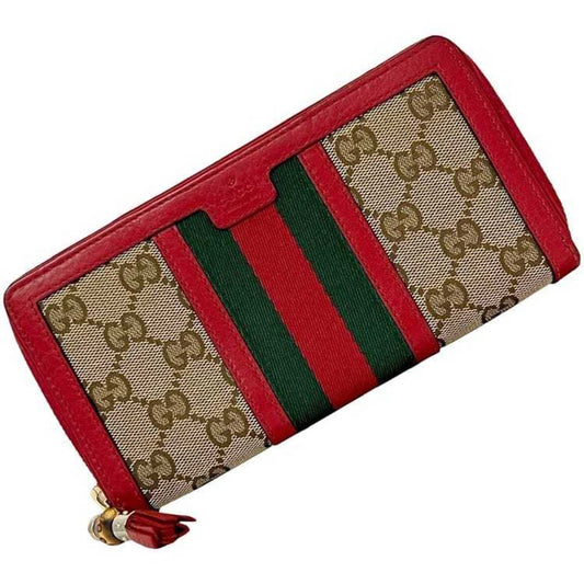 Gucci Beige Red Color Canvas Leather Long Wallet (Bi-Fold)