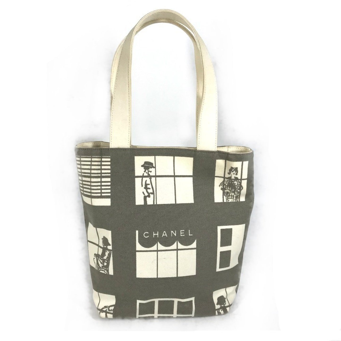 Chanel Gray White Canvas Handbag Shoulder Bag Tote Bag