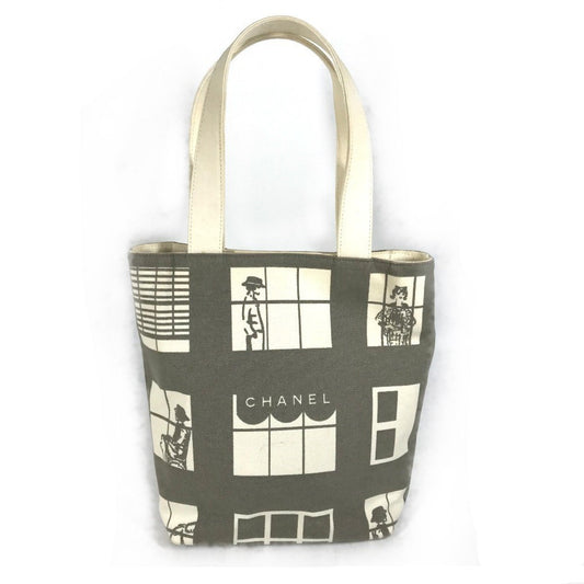 Chanel Gray White Canvas Handbag Shoulder Bag Tote Bag
