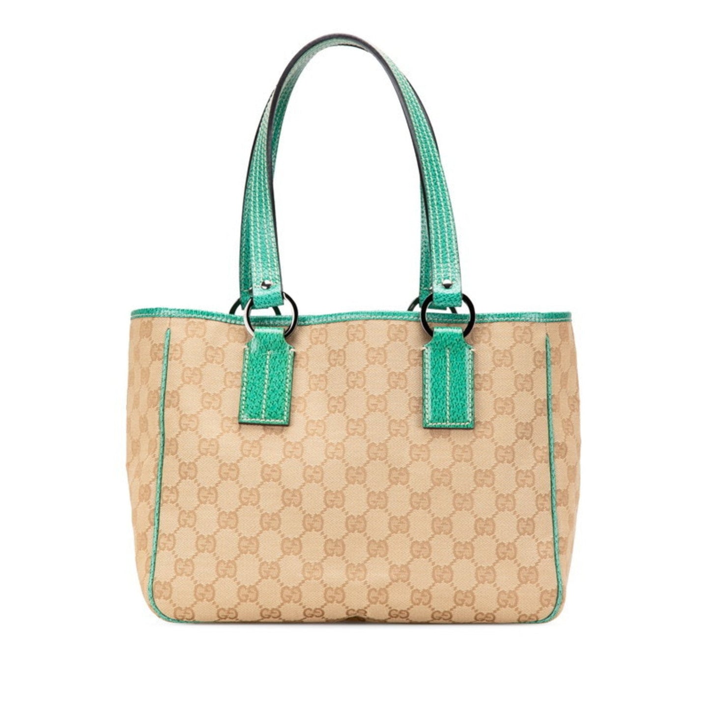 Gucci Beige Emerald Green Canvas Leather Tote Bag