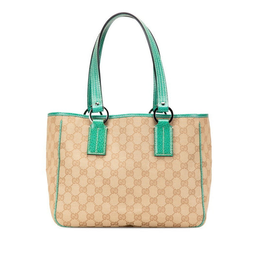 Gucci Beige Emerald Green Canvas Leather Tote Bag