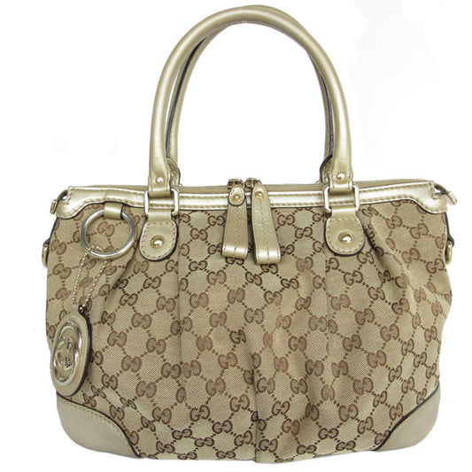 Gucci Beige Gold Canvas Leather Handbag