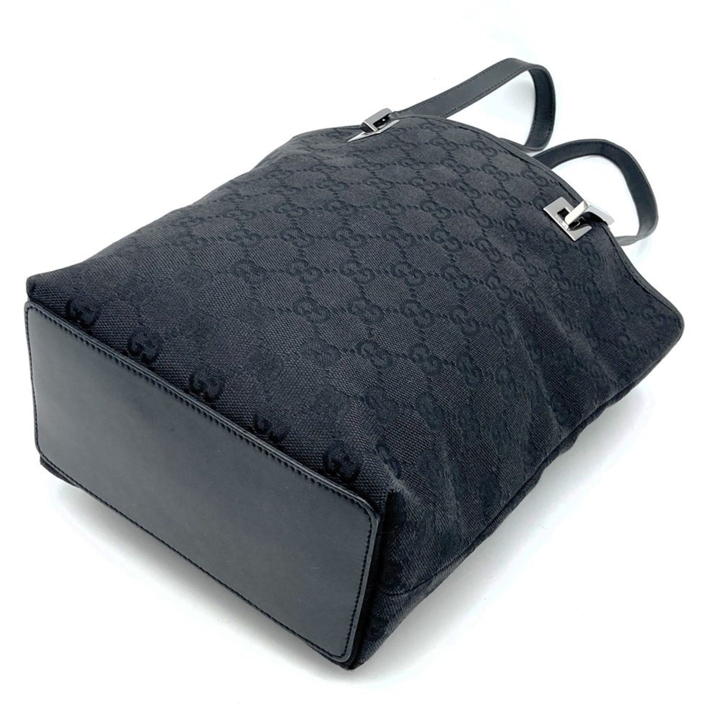 Gucci Black Gg Canvas Leather Handbag Shoulder Bag Tote Bag