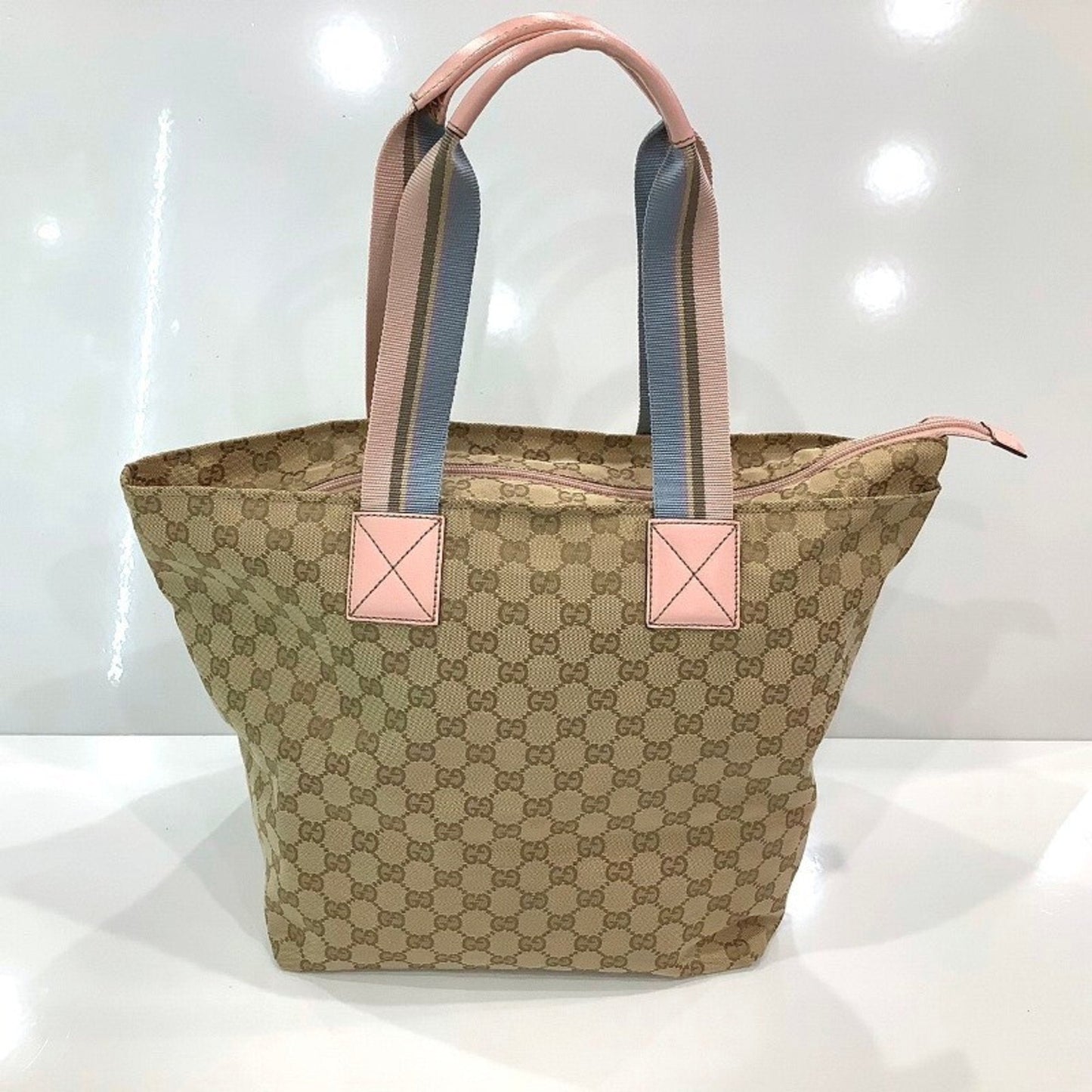 Gucci Sherry Line Beige Pink Canvas Leather Tote Bag