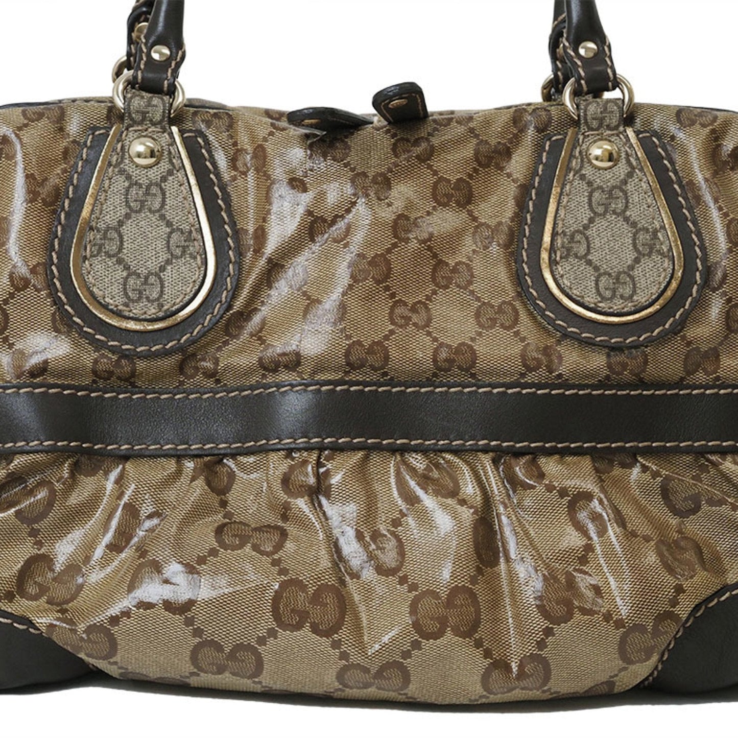 Gucci Gg Crystal Beige Dark Brown Pvc Leather Boston Bag Handbag