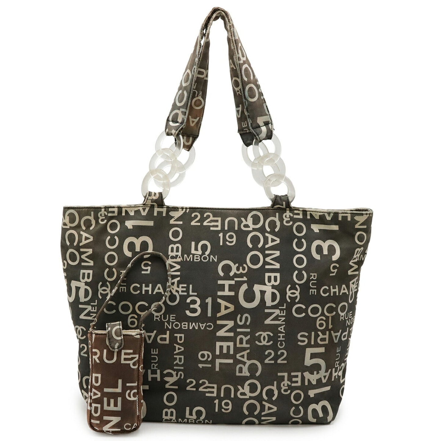 Chanel Gray Ivory Canvas Plastic Tote Bag