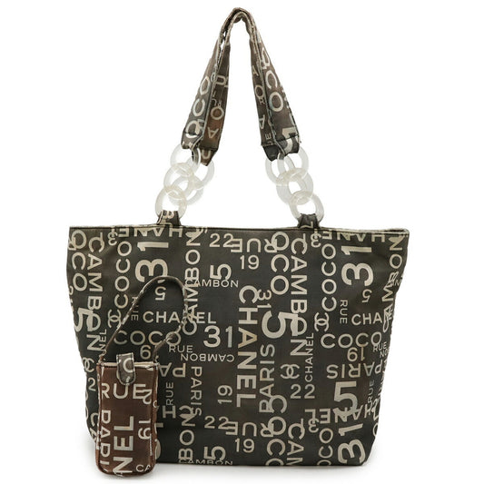 Chanel Gray Ivory Canvas Plastic Tote Bag