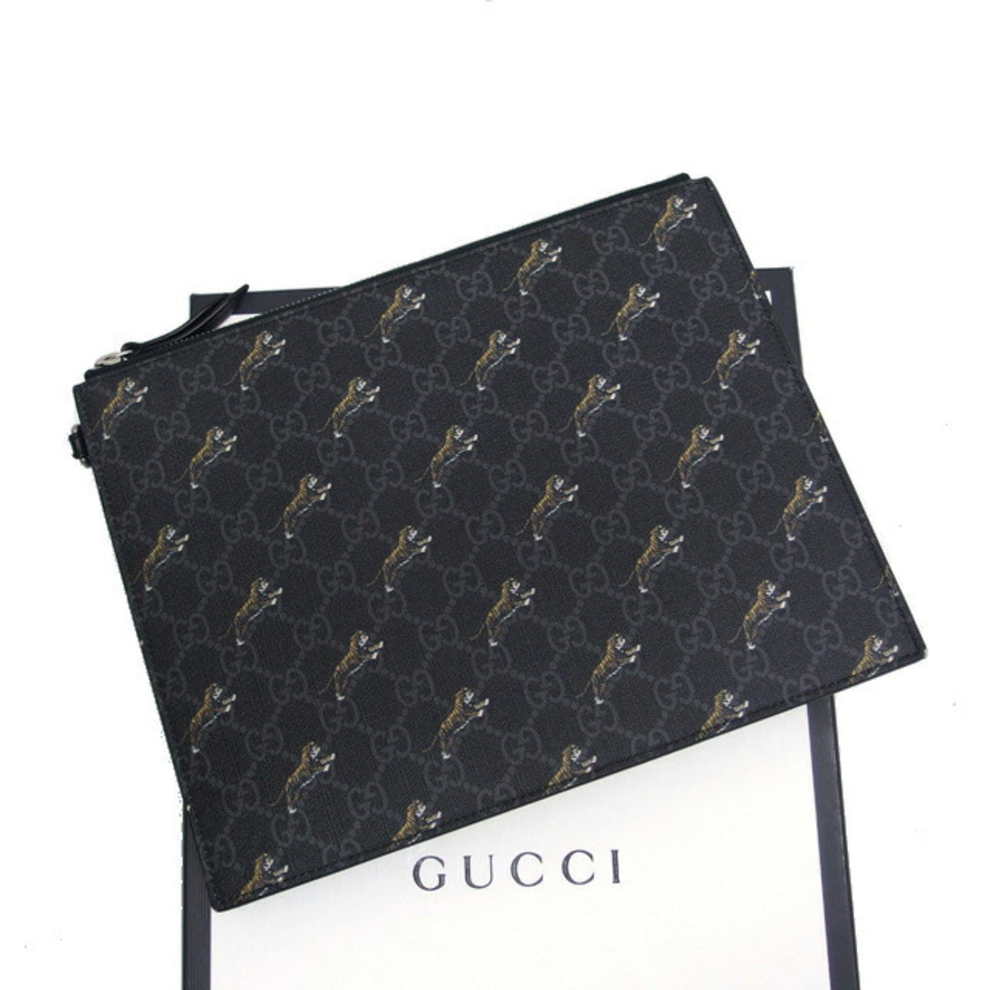 Gucci Black Charcoal Gray Yellow Coated Canvas Leather Clutch Bag Pouch