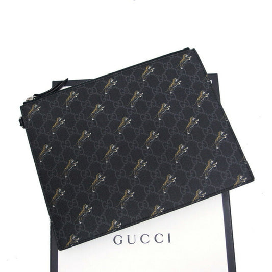 Gucci Black Charcoal Gray Yellow Coated Canvas Leather Clutch Bag Pouch