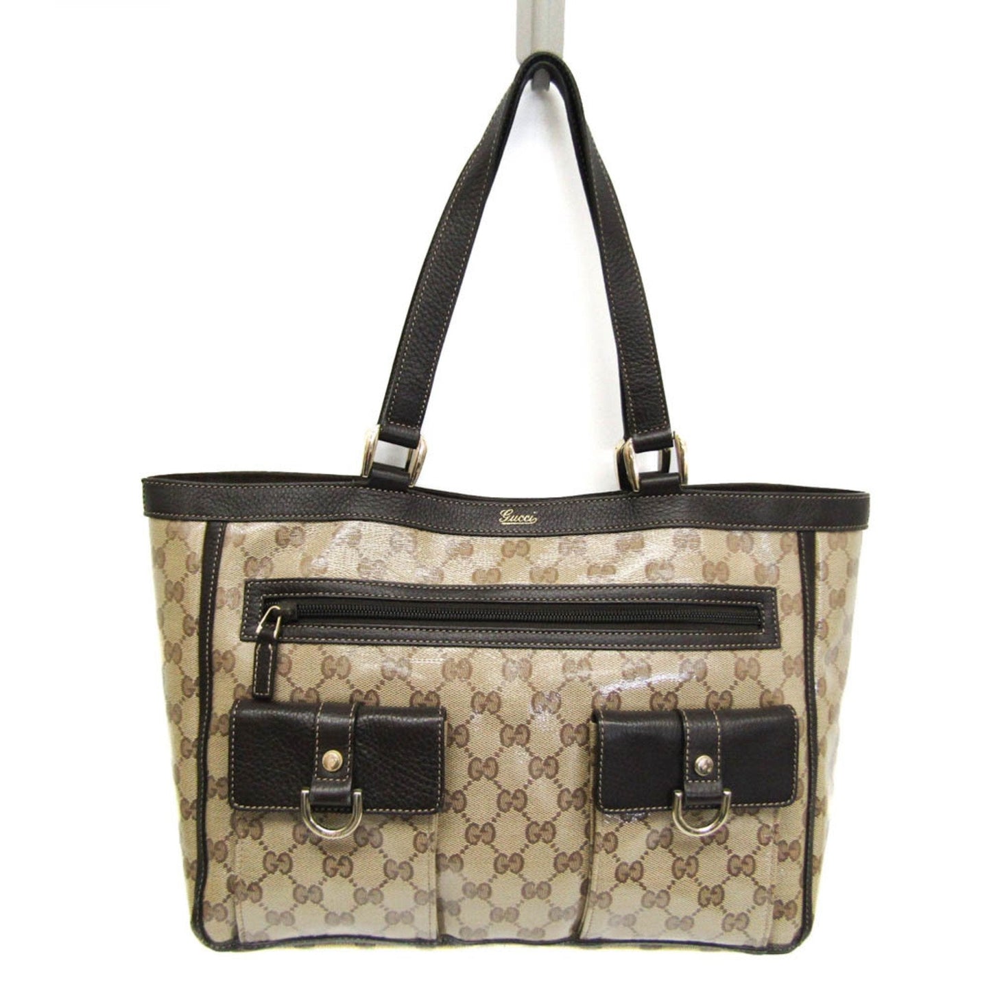 Gucci Gg Crystal Beige Dark Brown Leather Pvc Tote Bag