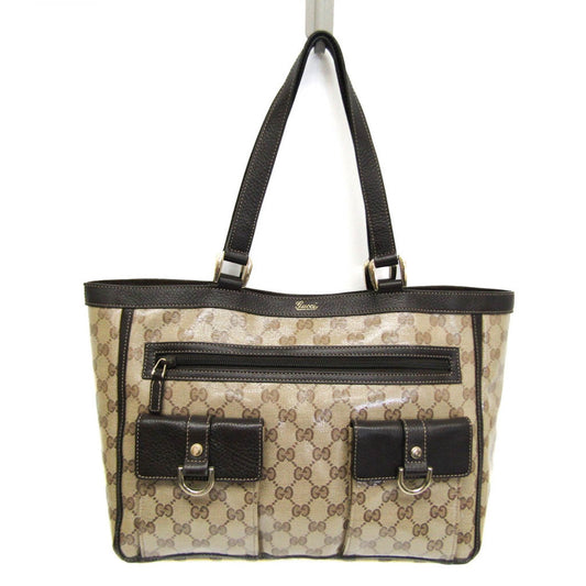 Gucci Gg Crystal Beige Dark Brown Leather Pvc Tote Bag