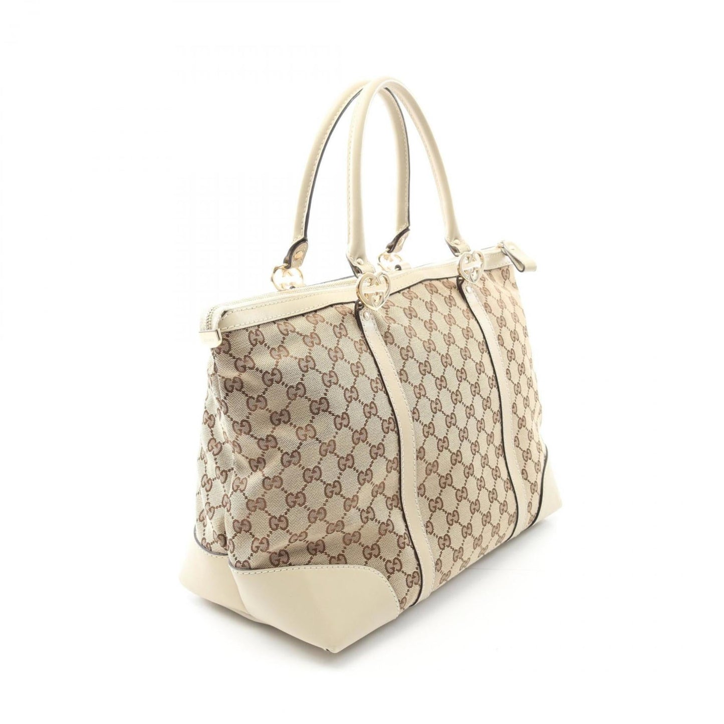 Gucci Beige Ivory Gg Canvas Leather Tote Bag