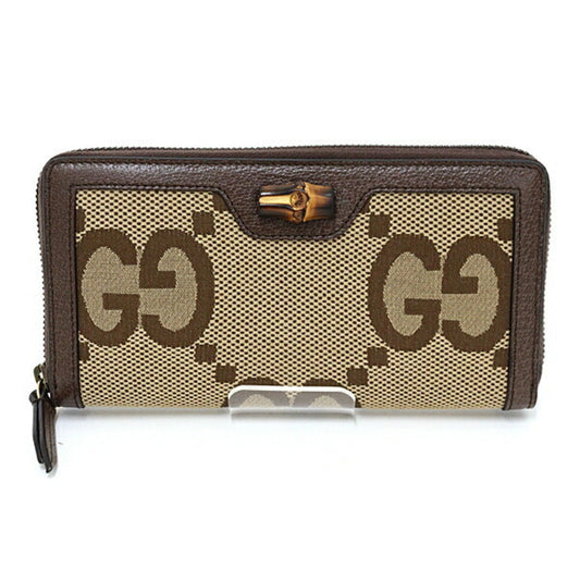 Gucci Beige Brown Canvas Leather Long Wallet (Bi-Fold)