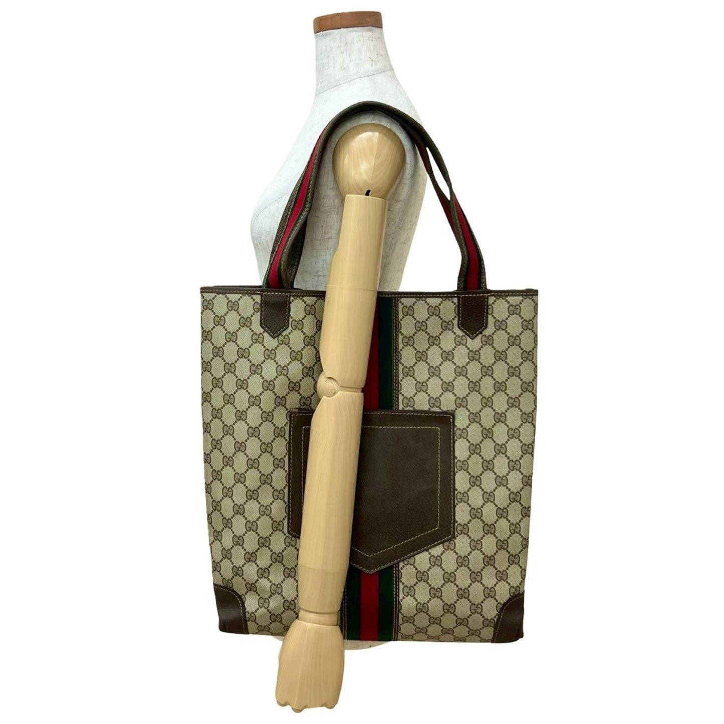 Gucci Brown Green Red Color Leather Pvc Handbag Tote Bag