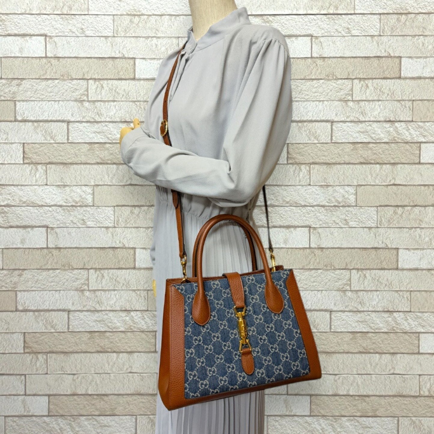 Gucci Blue Brown Denim Leather Shoulder Bag