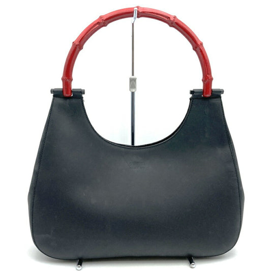 Gucci Black Red Color Leather Bamboo Shoulder Bag