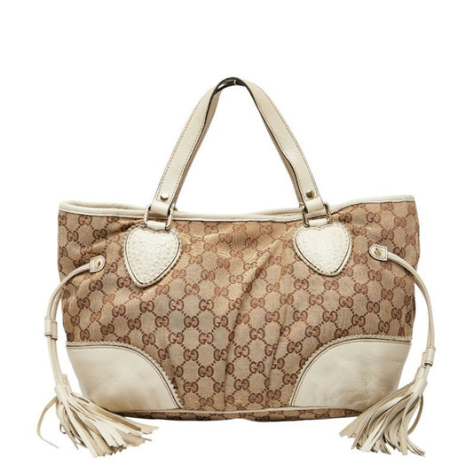 Gucci Beige White Gg Canvas Leather Handbag Tote Bag