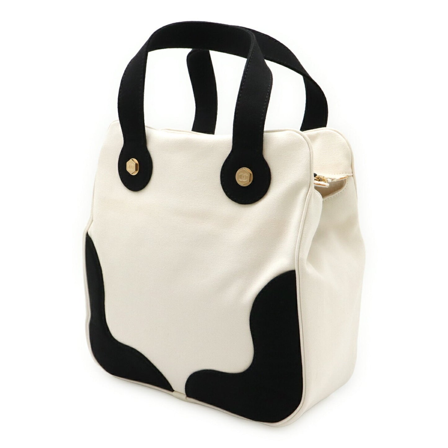Chanel Black Ivory White Canvas Leather Handbag Tote Bag