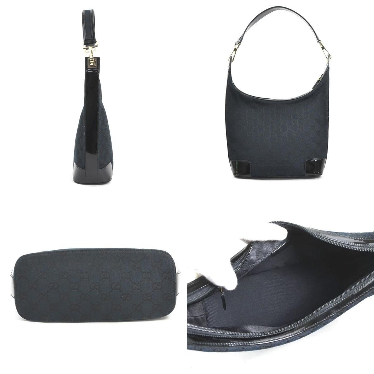 Gucci Black Gg Canvas Patent Leather Shoulder Bag