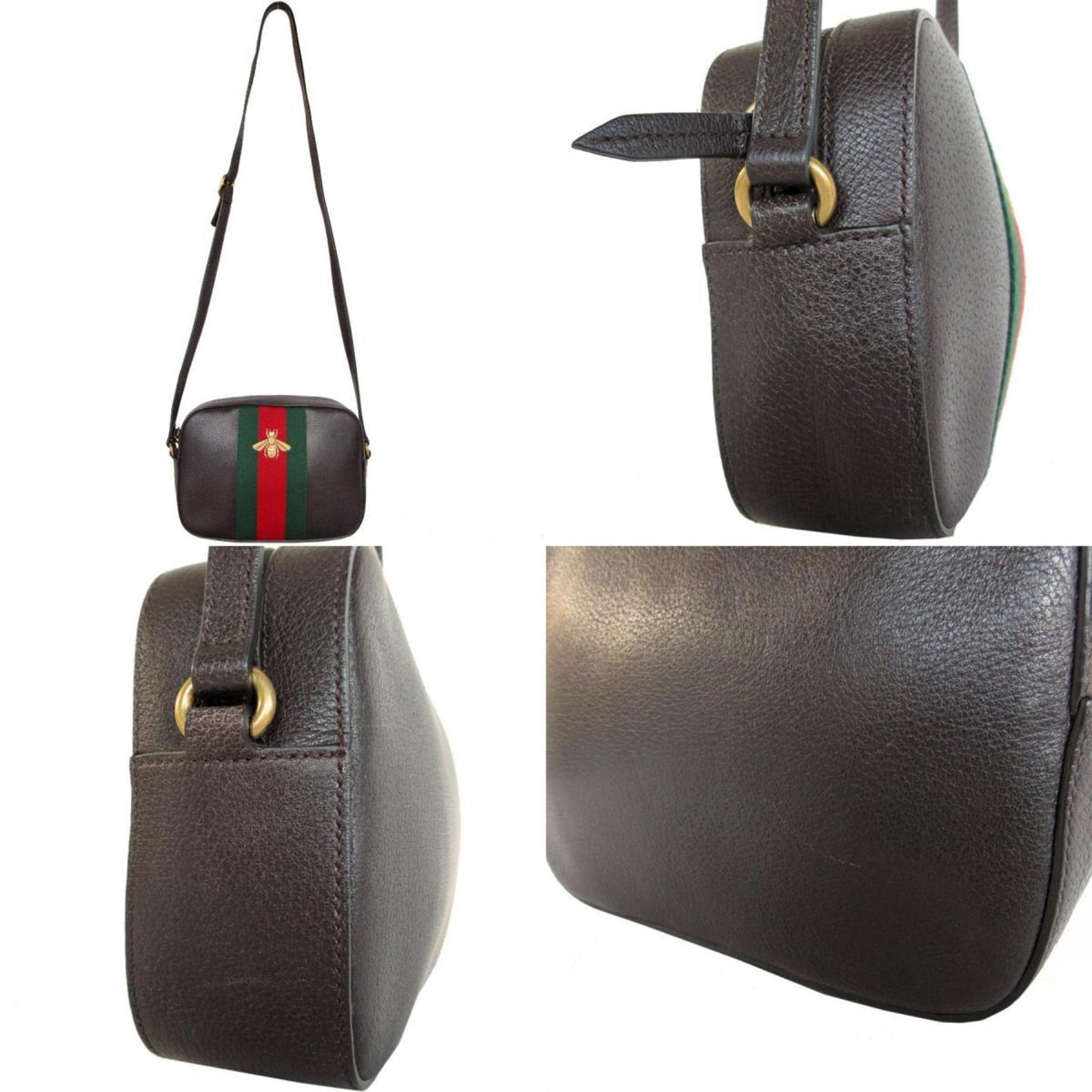 Gucci Dark Brown Green Red Color Canvas Leather Shoulder Bag