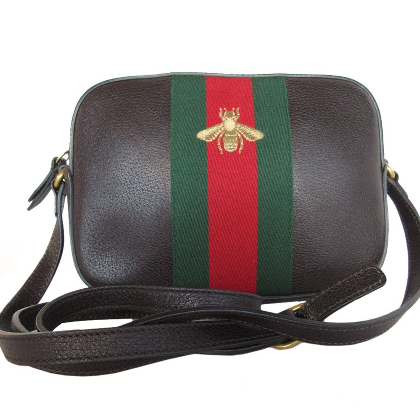 Gucci Dark Brown Green Red Color Canvas Leather Shoulder Bag