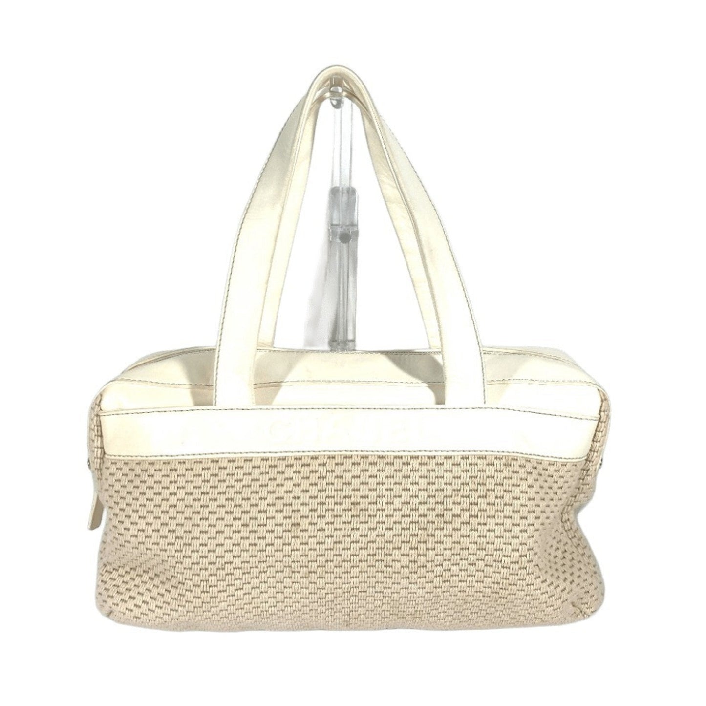 Chanel Beige White Leather Canvas Handbag Shoulder Bag Tote Bag