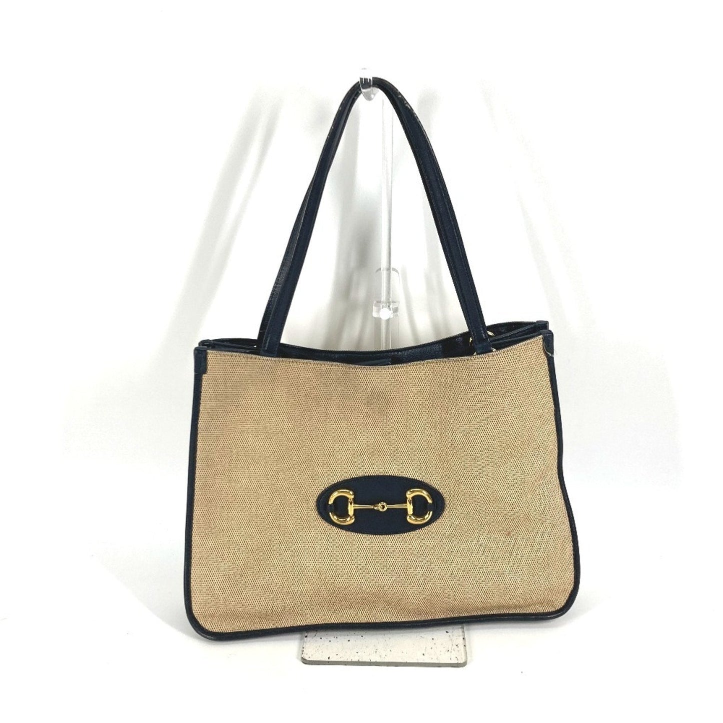 Gucci Beige Navy Canvas Leather Shoulder Bag Tote Bag