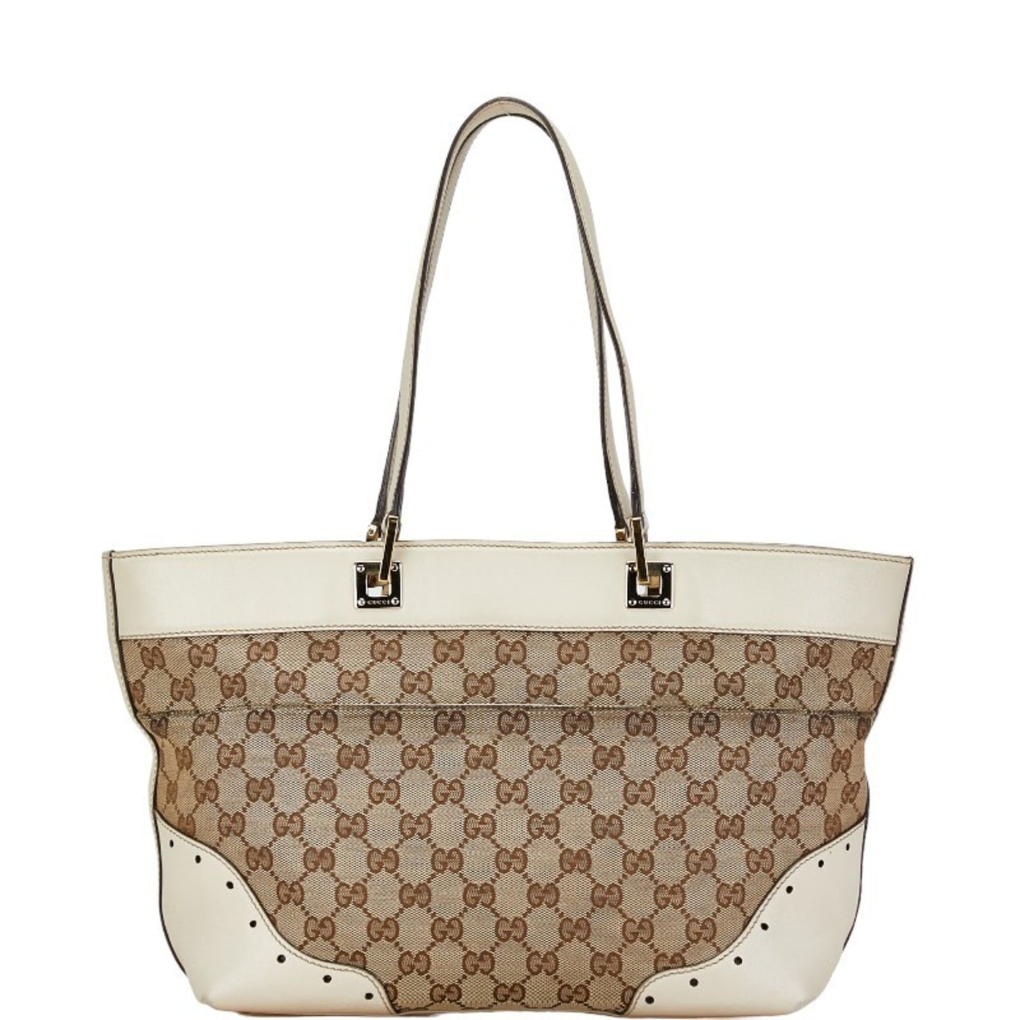 Gucci Beige White Gg Canvas Leather Handbag Tote Bag