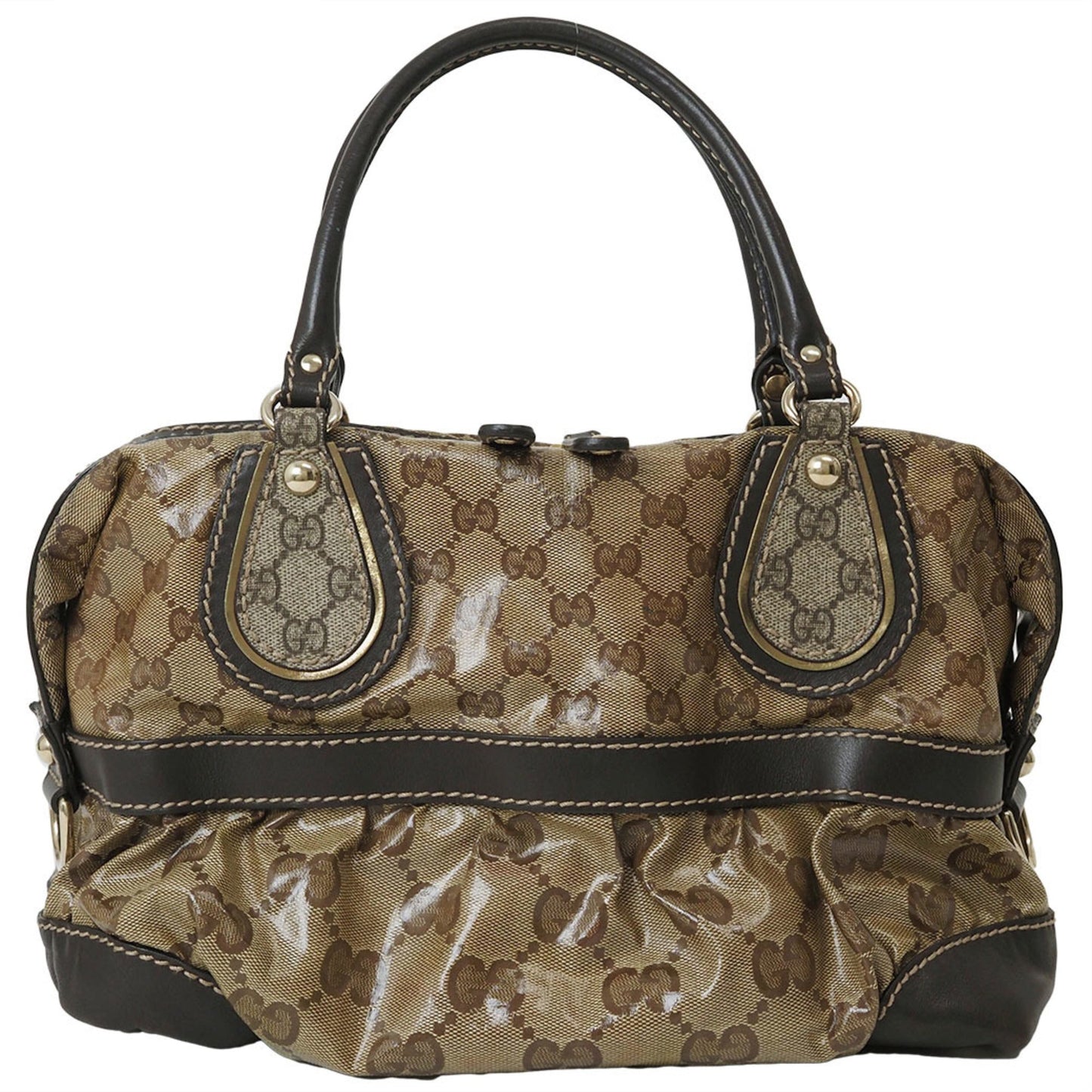 Gucci Gg Crystal Beige Dark Brown Pvc Leather Boston Bag Handbag