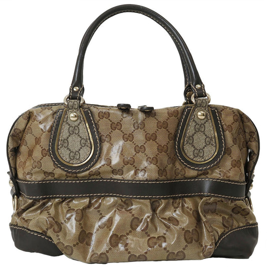 Gucci Gg Crystal Beige Dark Brown Pvc Leather Boston Bag Handbag