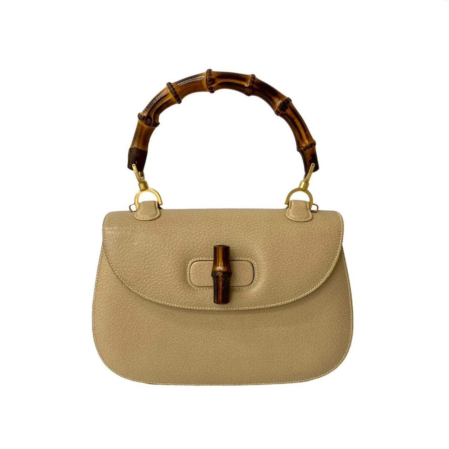 Gucci Beige Leather Bamboo Handbag Tote Bag