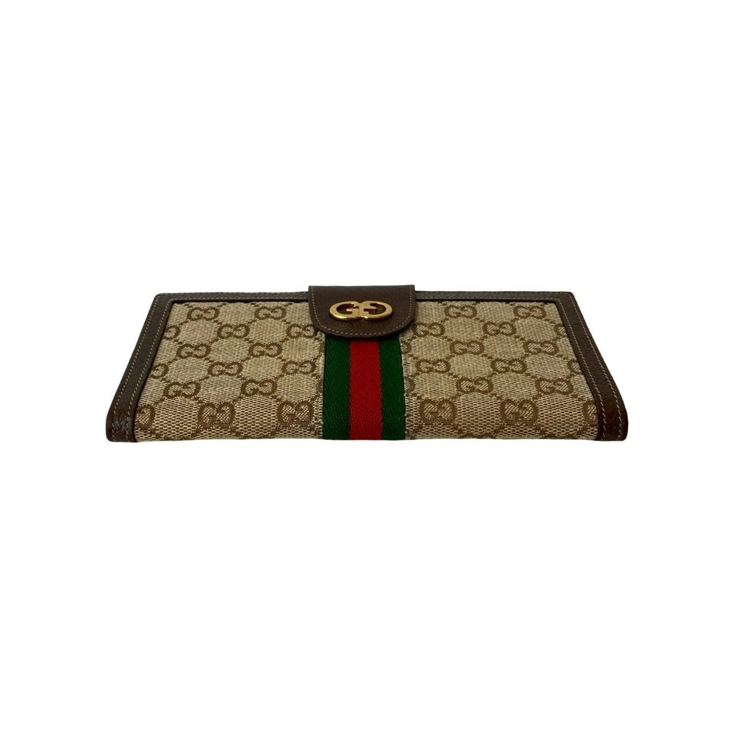 Gucci Brown Green Red Color Leather Canvas Long Wallet (Bi-Fold)