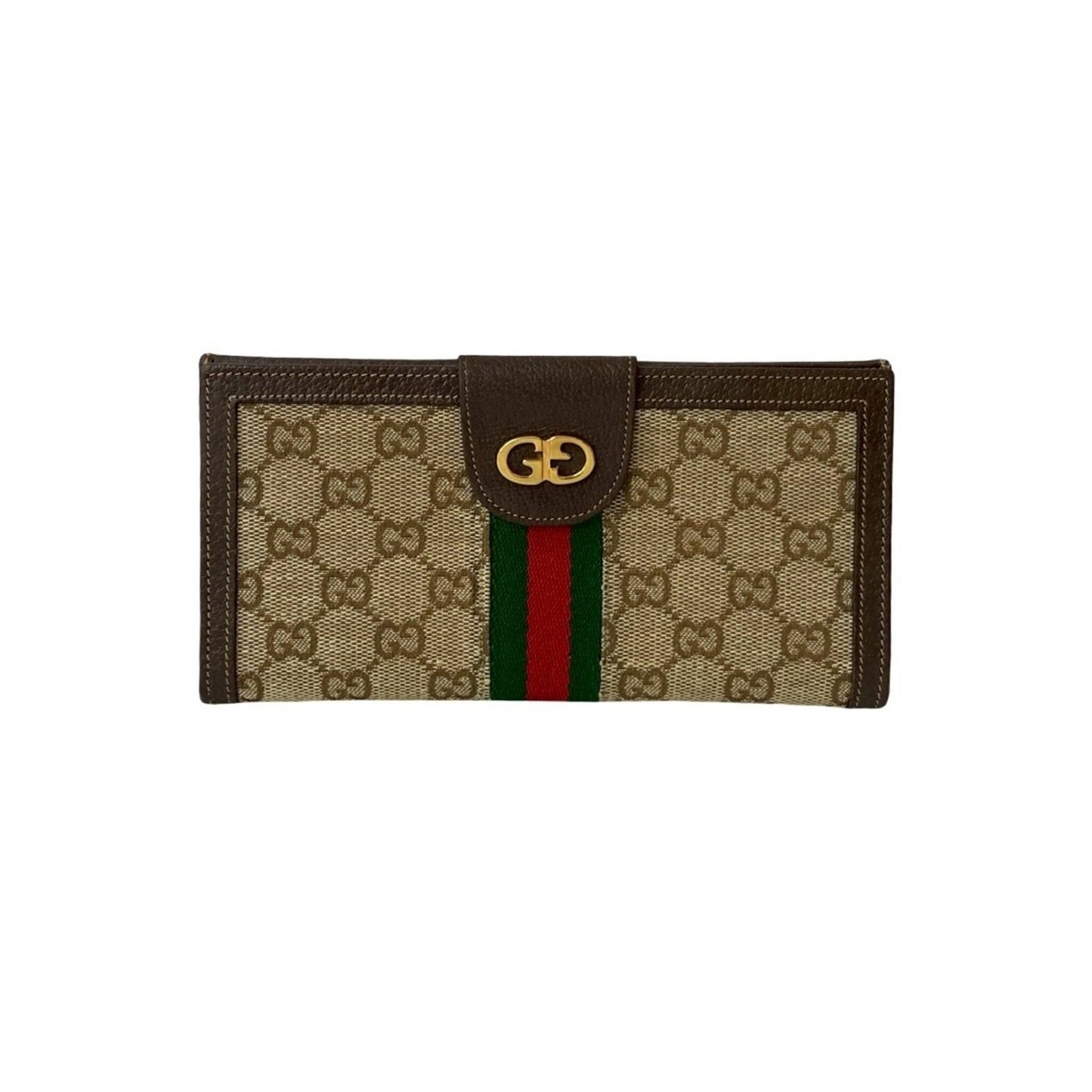 Gucci Brown Green Red Color Leather Canvas Long Wallet (Bi-Fold)