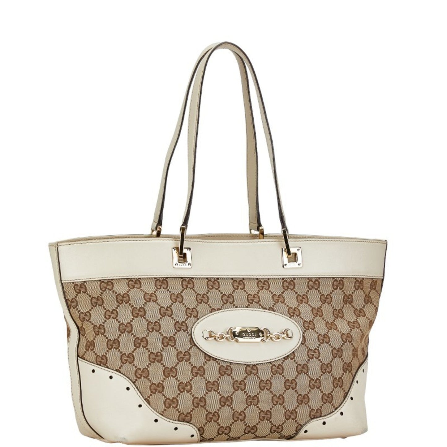 Gucci Beige White Gg Canvas Leather Handbag Tote Bag