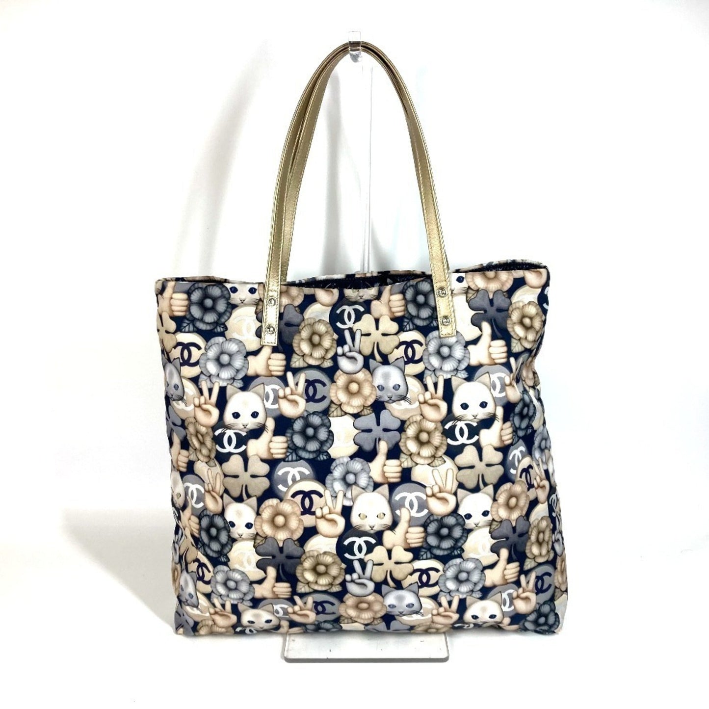 Chanel Camellia Blue Gold Leather Nylon Shoulder Bag Tote Bag