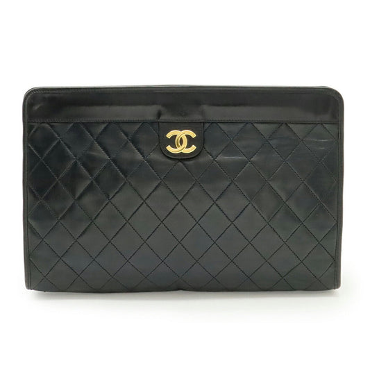 Chanel Matelasse Black Leather Clutch Bag