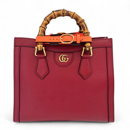 Gucci Red Color Leather Bamboo Shoulder Bag Tote Bag