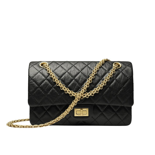 CHANEL 2.55 HANDBAG GOLD TONE METAL BLACK 24CM A37586 Y04634 C3906