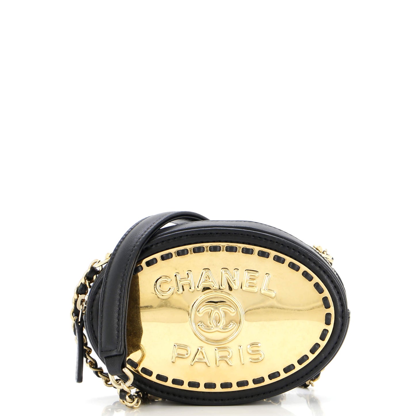 Logo Plate Oval Clutch With Chain Metal and Lambskin