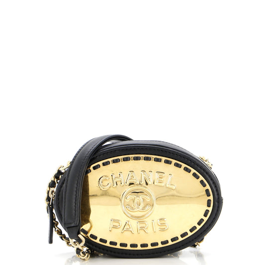 Logo Plate Oval Clutch With Chain Metal and Lambskin