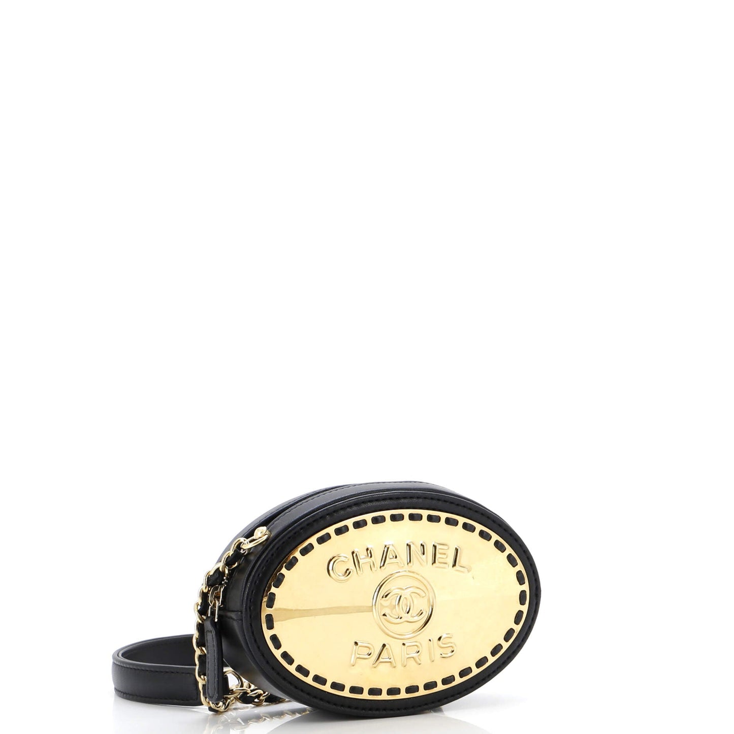 Logo Plate Oval Clutch With Chain Metal and Lambskin