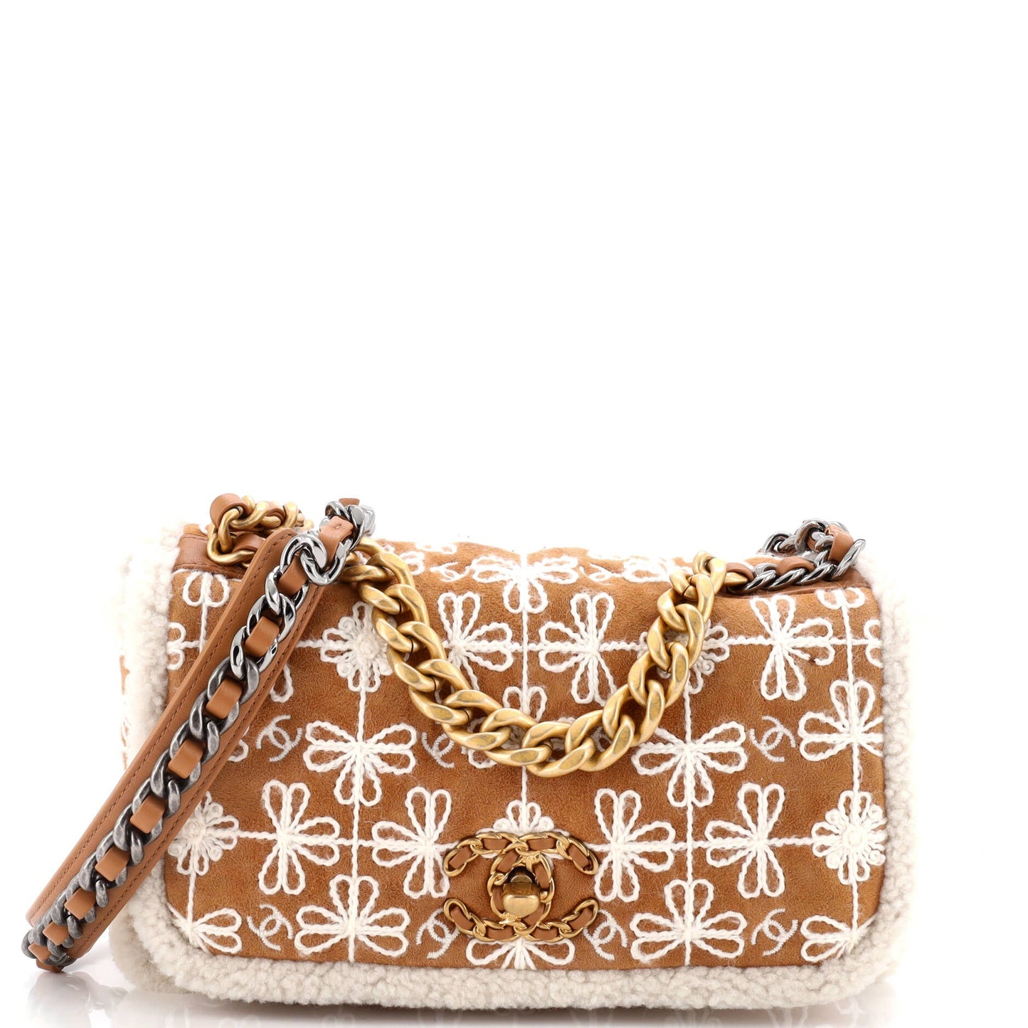 19 Flap Bag Embroidered Suede with Shearling Medium