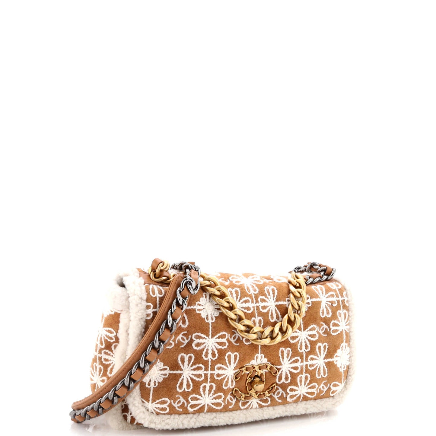 19 Flap Bag Embroidered Suede with Shearling Medium